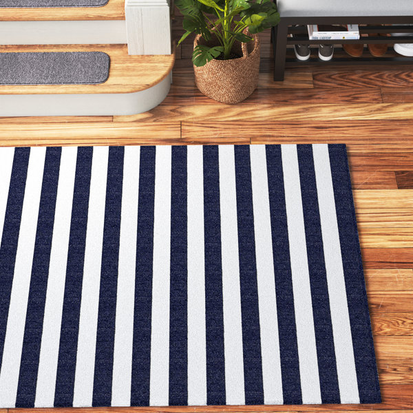 Breakwater Bay Mcrae Striped Indoor / Outdoor Area Rug in Navy Blue